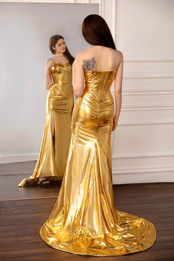 Off-the-Shoulder Metallic Gold Strapless Train Prom Dress With Slit