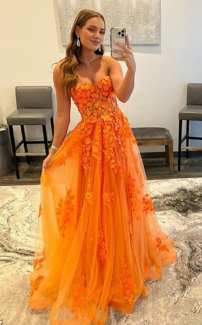 Off-the-Shoulder Orange Lace Evening Dresses Sexy Sweetheart Long Applique