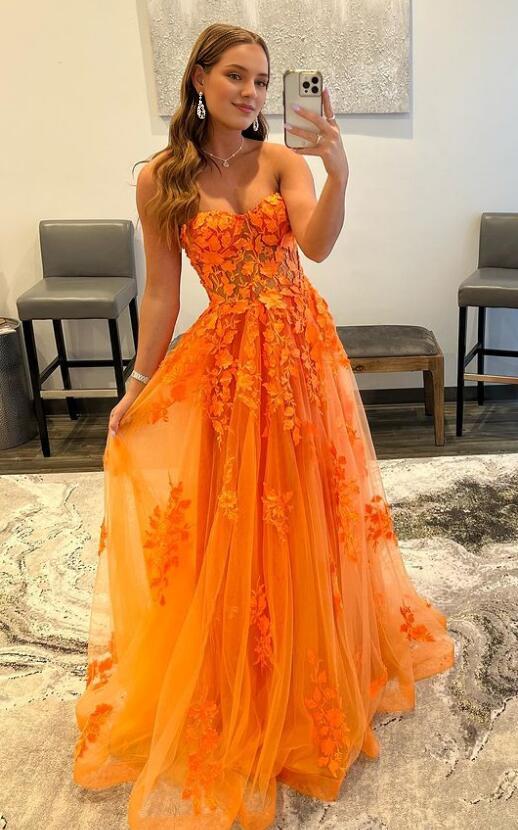 Off-the-Shoulder Orange Lace Evening Dresses Sexy Sweetheart Long Applique