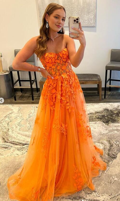 Off-the-Shoulder Orange Lace Evening Dresses Sexy Sweetheart Long Applique