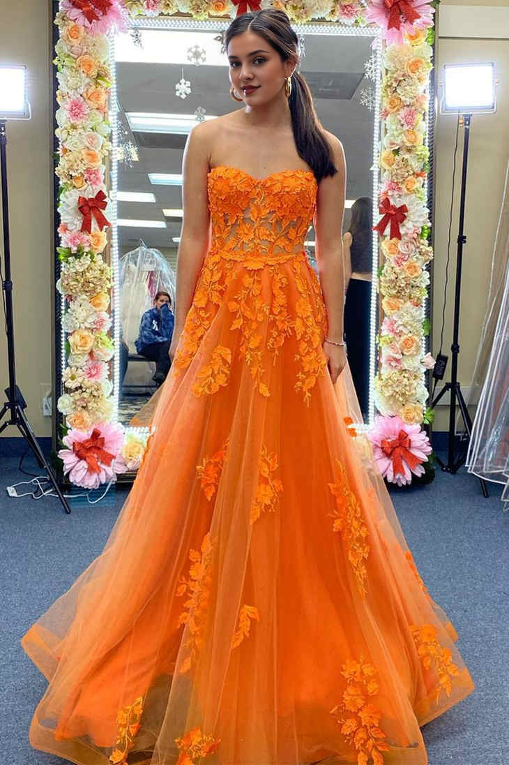 Off-the-Shoulder Orange Lace Evening Dresses Sexy Sweetheart Long Applique