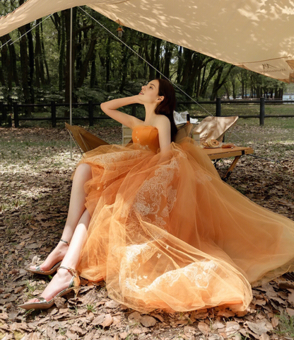 Off-the-Shoulder Orange Tulle Lace High Low Prom Dress Evening Dress