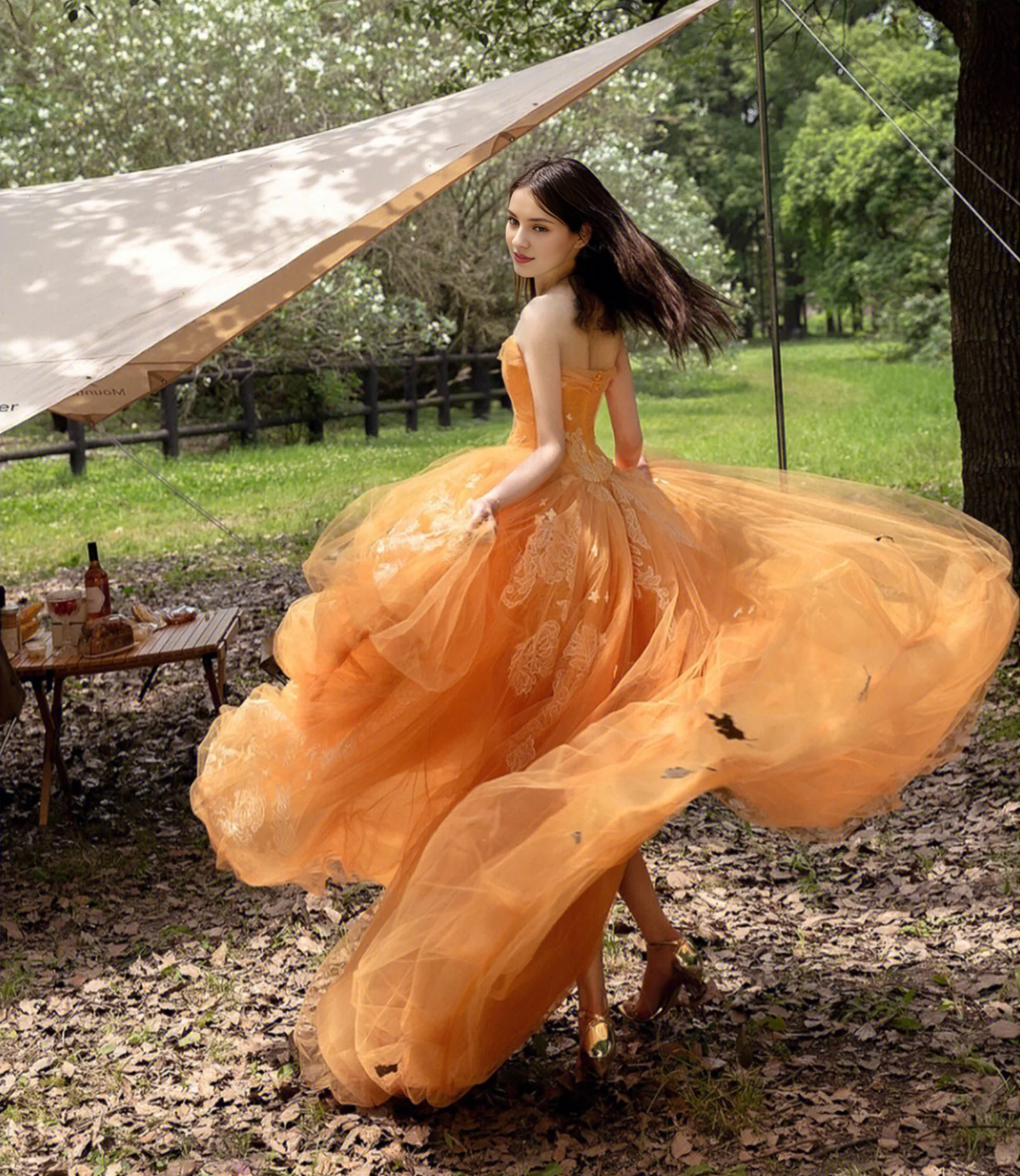 Off-the-Shoulder Orange Tulle Lace High Low Prom Dress Evening Dress
