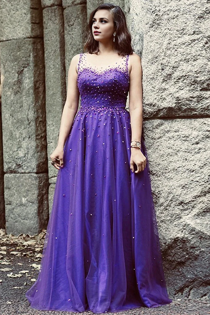 Off-the-Shoulder Pearls Tulle Round Neck Long A Line Evening Prom Party Dresses