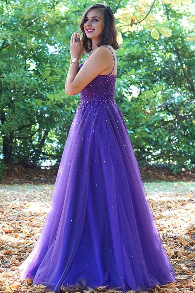 Off-the-Shoulder Pearls Tulle Round Neck Long A Line Evening Prom Party Dresses