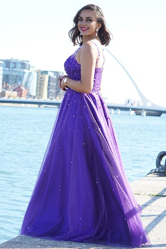 Off-the-Shoulder Pearls Tulle Round Neck Long A Line Evening Prom Party Dresses