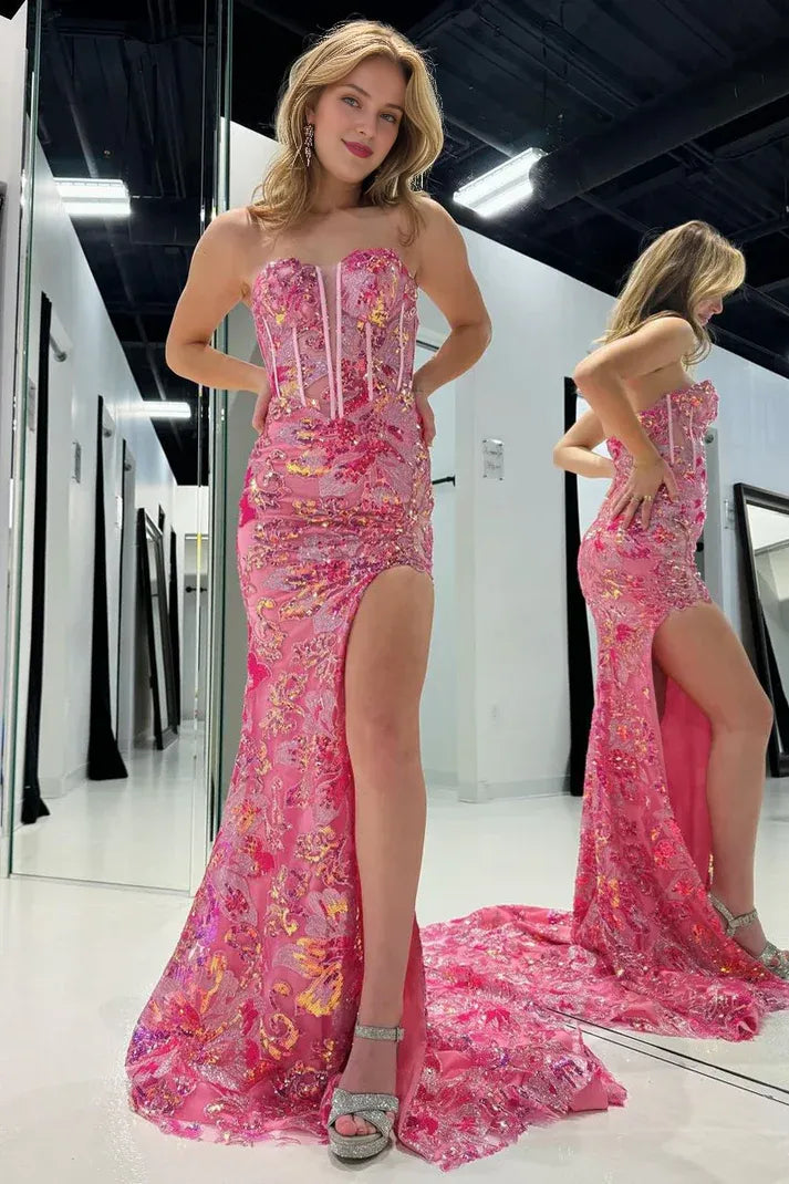 Off-the-Shoulder Pink Strapless Sequin Sleeveless Mermaid Long Prom Dresses With Hight Slit