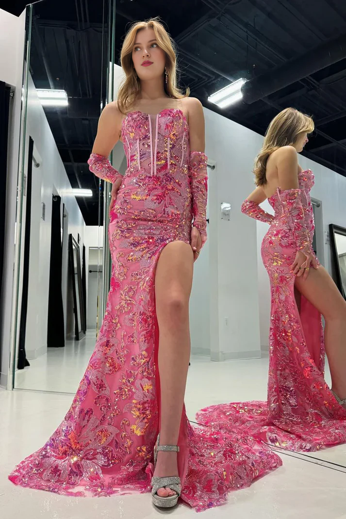 Off-the-Shoulder Pink Strapless Sequin Sleeveless Mermaid Long Prom Dresses With Hight Slit