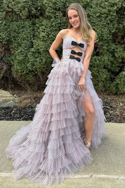 Off-the-Shoulder Polka Dot Strapless Ruffle Tiered Prom Dresses With Keyholes