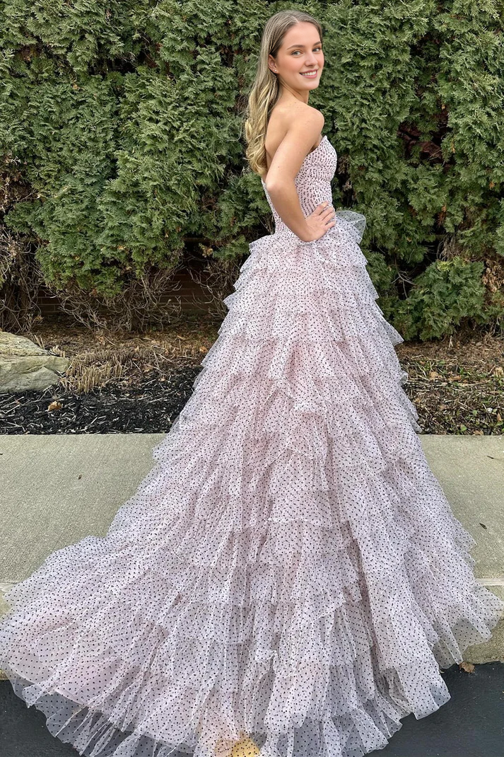 Off-the-Shoulder Polka Dot Strapless Ruffle Tiered Prom Dresses With Keyholes
