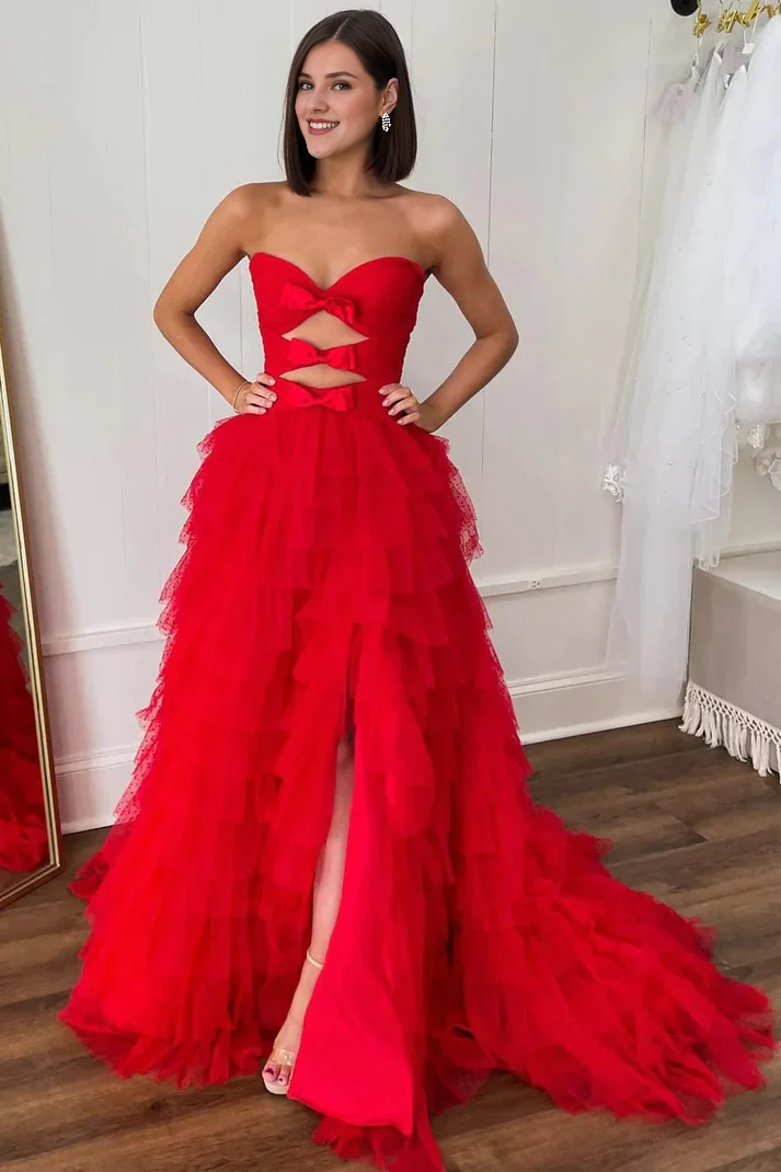 Off-the-Shoulder Polka Dot Strapless Ruffle Tiered Prom Dresses With Keyholes