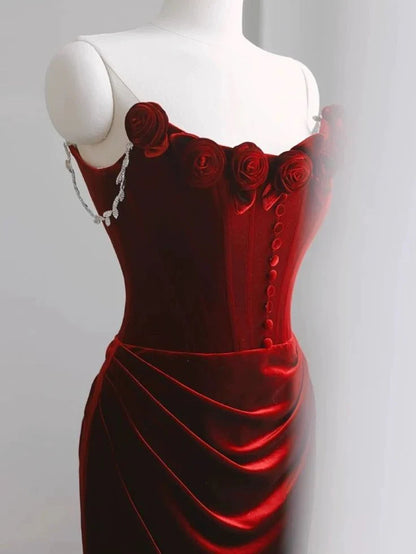 Off-the-Shoulder Red Velvet Evening Dress Floral Prom Dress Chic Mermaid Dress
