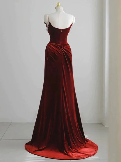 Off-the-Shoulder Red Velvet Evening Dress Floral Prom Dress Chic Mermaid Dress