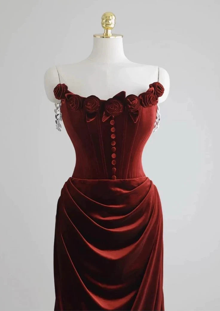 Off-the-Shoulder Red Velvet Evening Dress Floral Prom Dress Chic Mermaid Dress