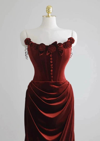 Off-the-Shoulder Red Velvet Evening Dress Floral Prom Dress Chic Mermaid Dress