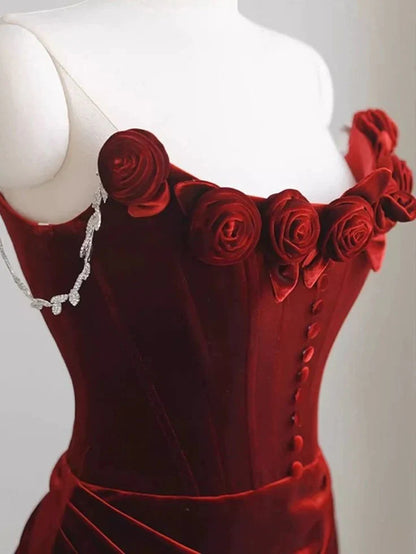 Off-the-Shoulder Red Velvet Evening Dress Floral Prom Dress Chic Mermaid Dress