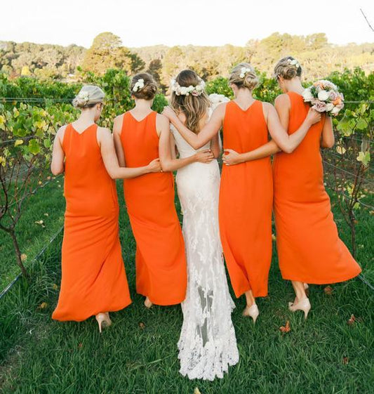 Off-the-Shoulder Round Neck Orange Chiffon Sleeveless Bridesmaid Dresses