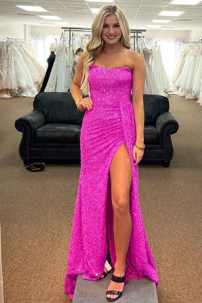 Off-the-Shoulder Sequins Long Prom Evening Dresses Strapless Lace-Up Back With Slit