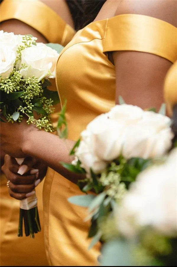 Off-the-Shoulder Sexy Gold Bridesmaid Dresses Mermaid With Slit