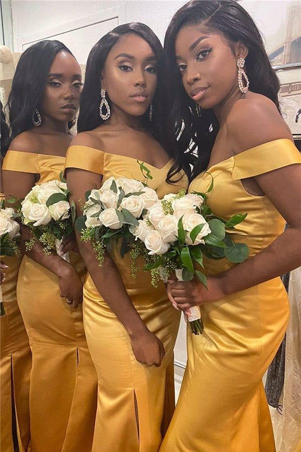 Off-the-Shoulder Sexy Gold Bridesmaid Dresses Mermaid With Slit
