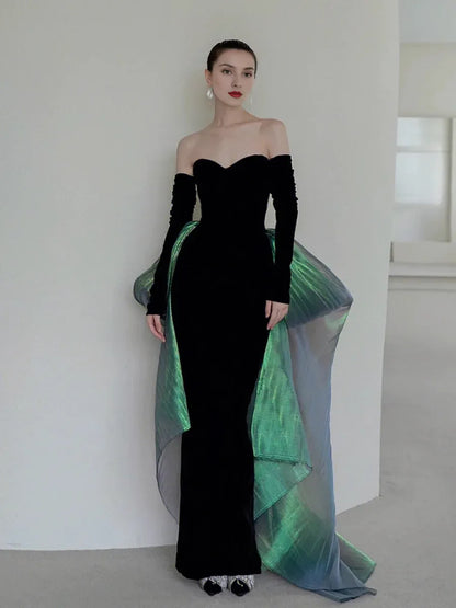 Off-the-Shoulder Sexy Mermaid Long Black Velvet Prom Dresses With Sleeves Long Prom Gown