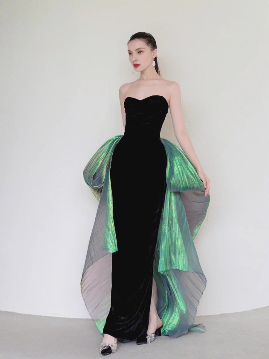 Off-the-Shoulder Sexy Mermaid Long Black Velvet Prom Dresses With Sleeves Long Prom Gown