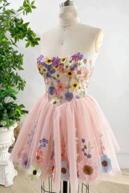 Off-the-Shoulder Sheer Corset Bodice Flowers Short Homecoming Dress