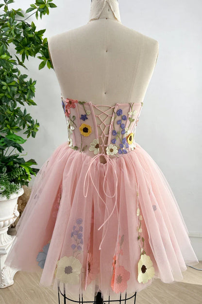 Off-the-Shoulder Sheer Corset Bodice Flowers Short Homecoming Dress