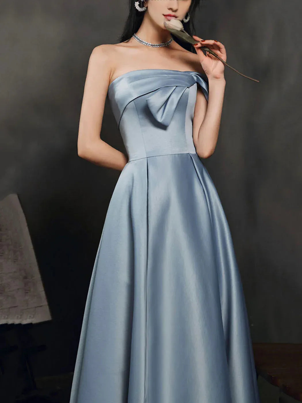 Off-the-Shoulder Simple A Line Satin Gray Blue Long Prom Dress With Slit