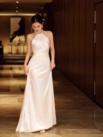 Off-the-Shoulder Simple Mermaid Halter Party Dresses Long White Prom Dresses