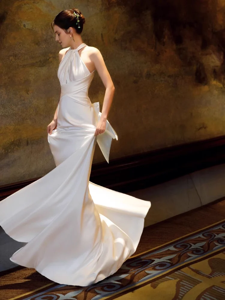 Off-the-Shoulder Simple Mermaid Halter Party Dresses Long White Prom Dresses