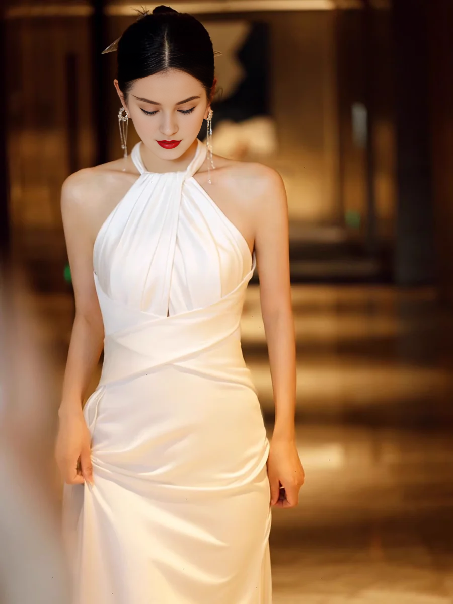 Off-the-Shoulder Simple Mermaid Halter Party Dresses Long White Prom Dresses