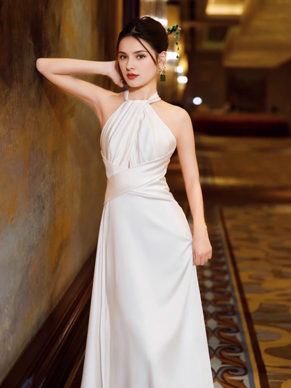 Off-the-Shoulder Simple Mermaid Halter Party Dresses Long White Prom Dresses