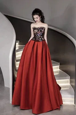 Off-the-Shoulder Simple Strapless Satin Red Floor Length Prom Dress