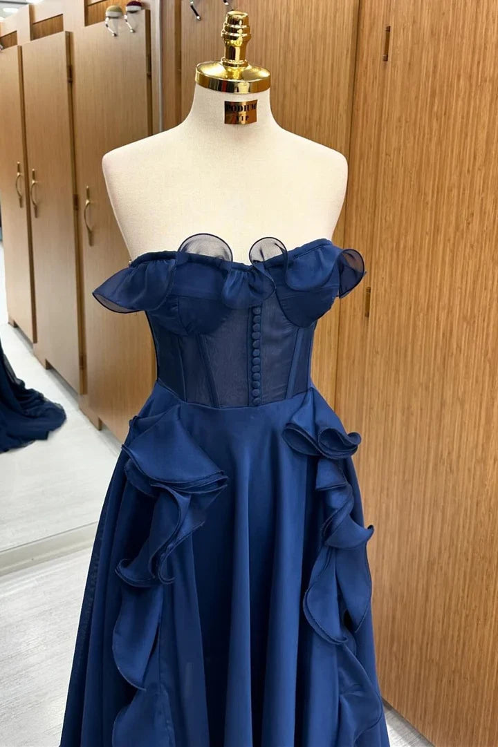Off-the-Shoulder Sleeveless Floor Length Navy Blue Corset Ruffle Prom Dress