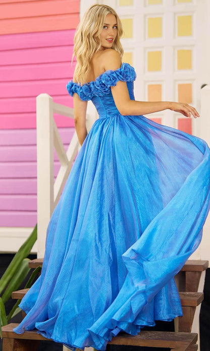 Off-the-Shoulder Sleeveless Pleated A-line Floor Length Glitter Slit Long Prom Dress / Prom Dress In Store