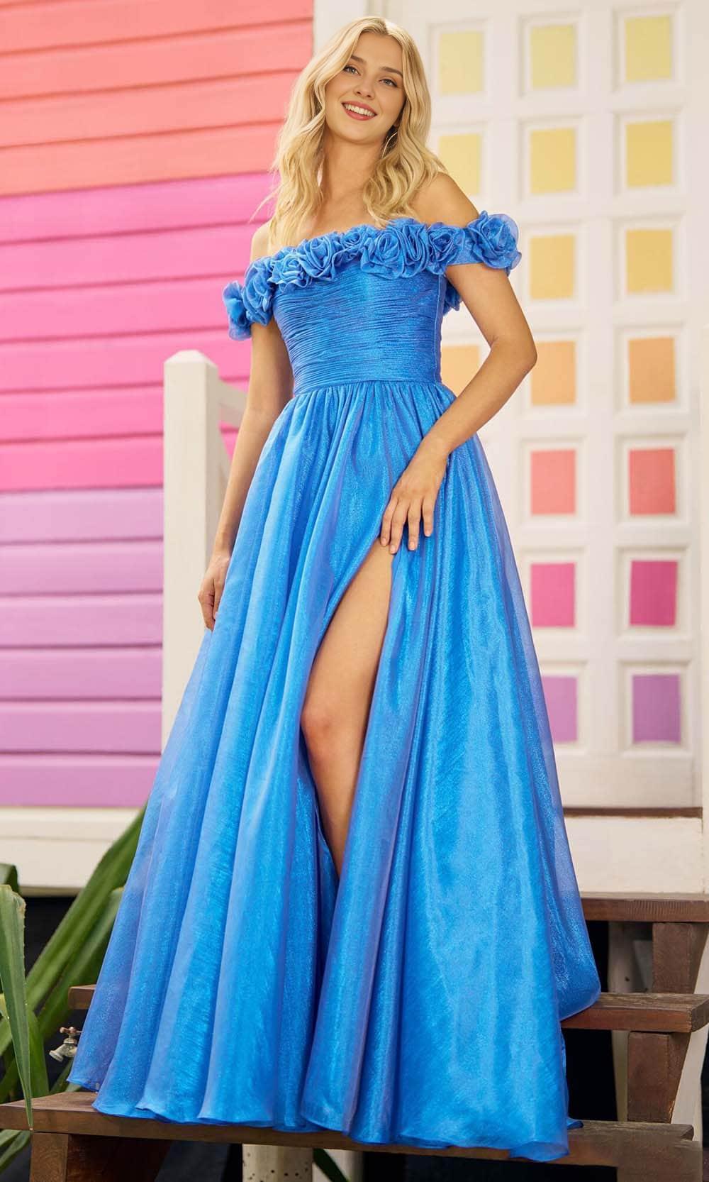 Off-the-Shoulder Sleeveless Pleated A-line Floor Length Glitter Slit Long Prom Dress / Prom Dress In Store