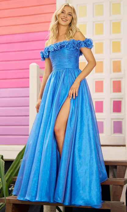 Off-the-Shoulder Sleeveless Pleated A-line Floor Length Glitter Slit Long Prom Dress / Prom Dress In Store