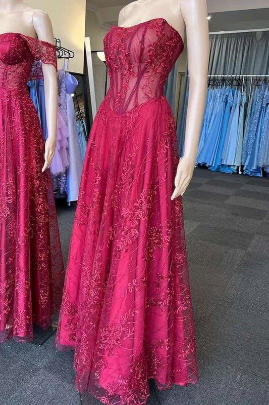 Off-the-Shoulder Sleeveless Tulle Lace Strapless A-Line Long Prom Dress