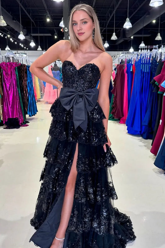 Off-the-Shoulder Sparkly Black Sweetheart A-Line Sequins Ruffled Long Corset Prom Dress With Bow
