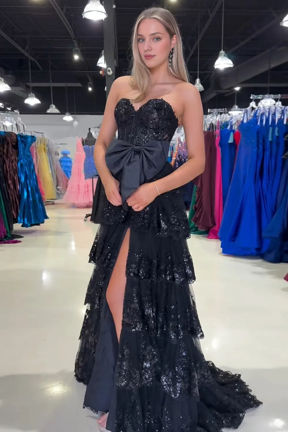 Off-the-Shoulder Sparkly Black Sweetheart A-Line Sequins Ruffled Long Corset Prom Dress With Bow