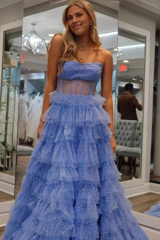 Off-the-Shoulder Sparkly Long A-Line Strapless Tiered Tulle Prom Dresses
