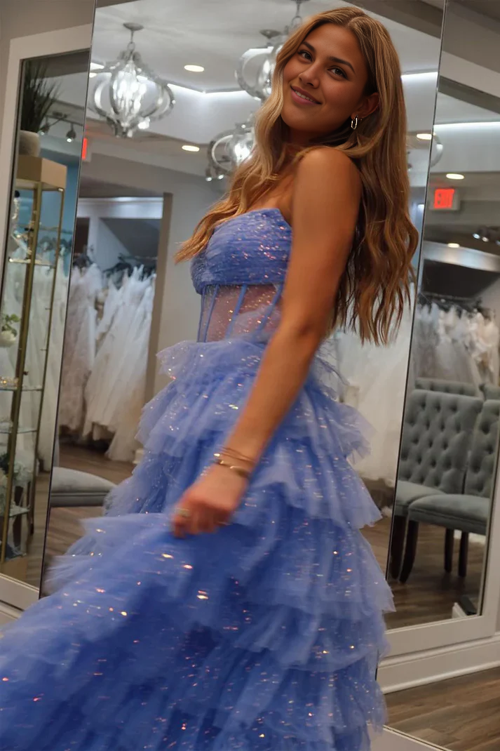 Off-the-Shoulder Sparkly Long A-Line Strapless Tiered Tulle Prom Dresses