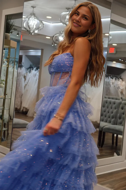 Off-the-Shoulder Sparkly Long A-Line Strapless Tiered Tulle Prom Dresses