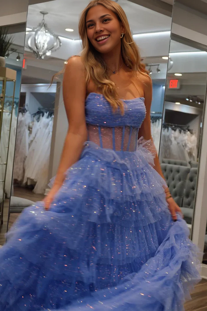 Off-the-Shoulder Sparkly Long A-Line Strapless Tiered Tulle Prom Dresses