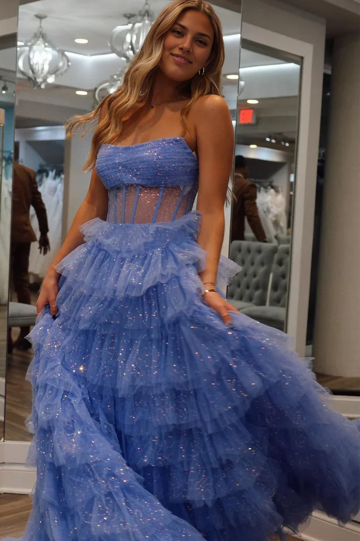 Off-the-Shoulder Sparkly Long A-Line Strapless Tiered Tulle Prom Dresses