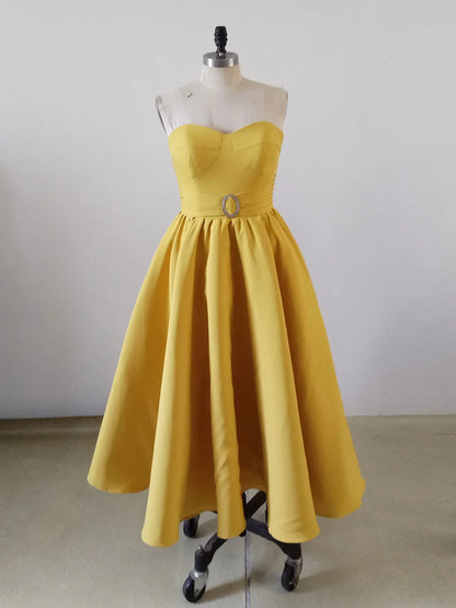 Off-the-Shoulder Sweetheart Neck Satin Tea Length Homecoming Dress