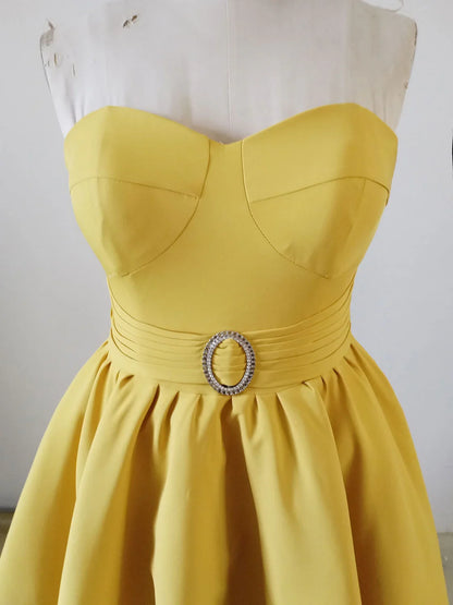 Off-the-Shoulder Sweetheart Neck Satin Tea Length Homecoming Dress