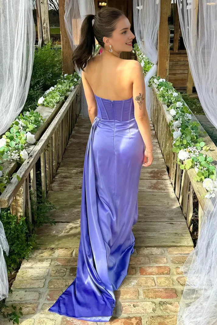 Off-the-Shoulder Train Strapless Pleated Prom Dresses With Slit