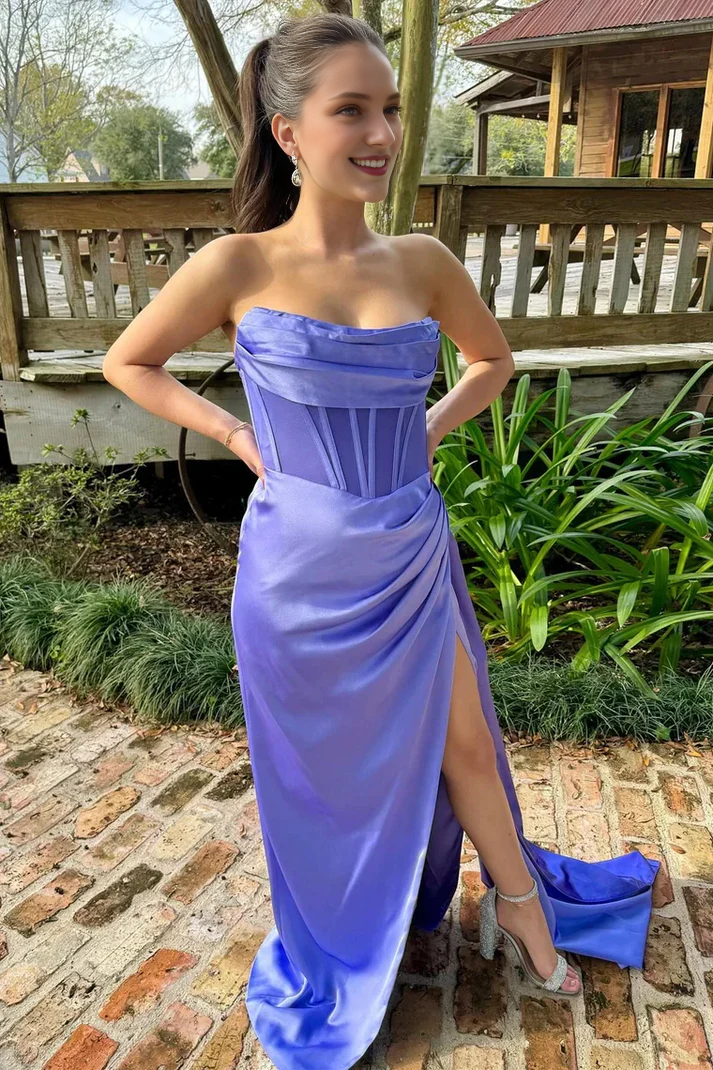 Off-the-Shoulder Train Strapless Pleated Prom Dresses With Slit